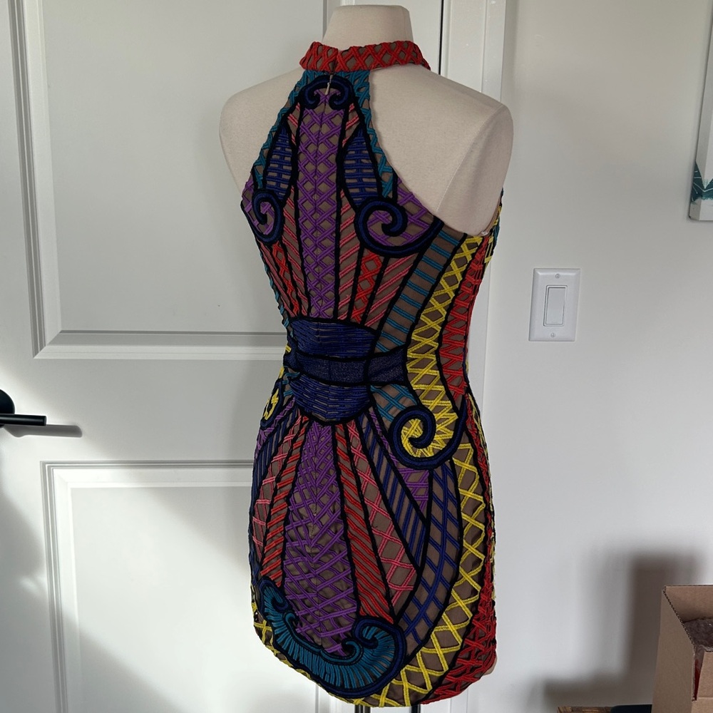 JOVANI sz 8 Vibrant Lace Geometric Overlay Illusion Mini Halter neck Dress - Picture 5 of 7